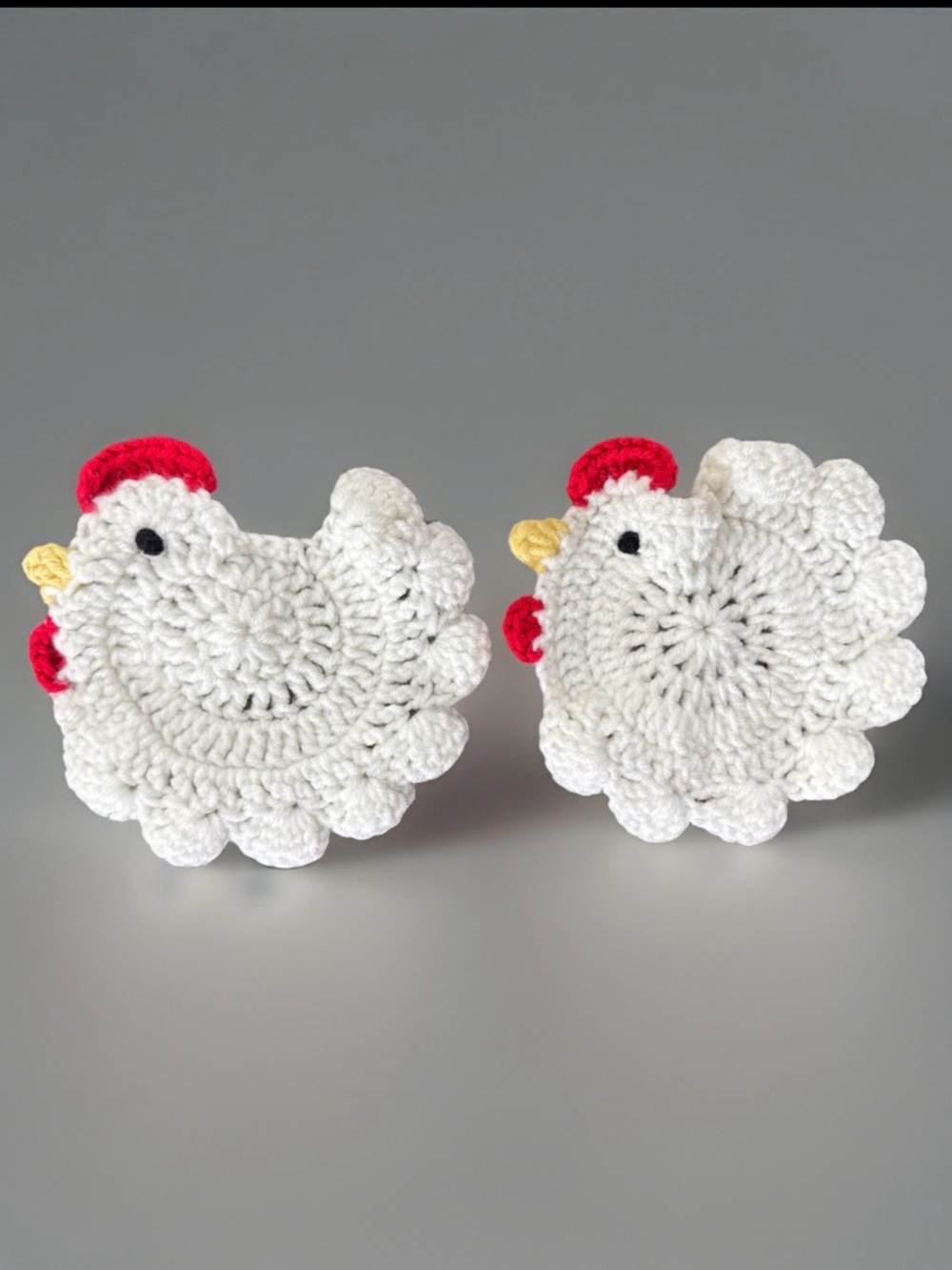 Handmade White Crochet Chicken Pot Holders - Set of 2